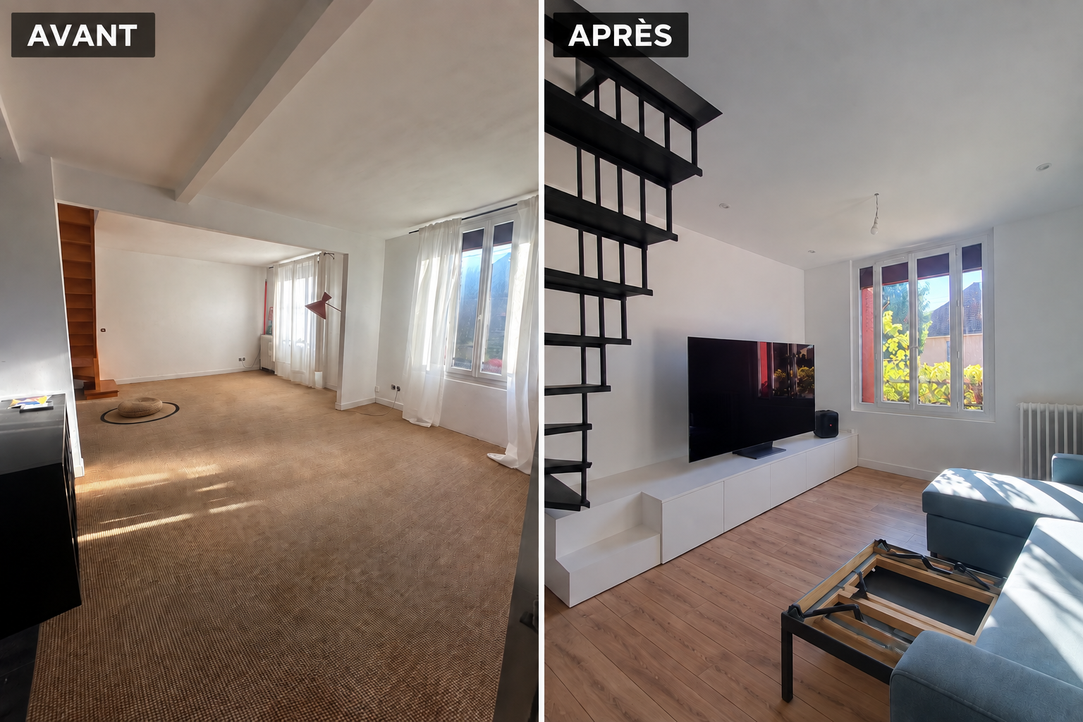 Séjour avant et après rénovation par ABC RENOV'NATION